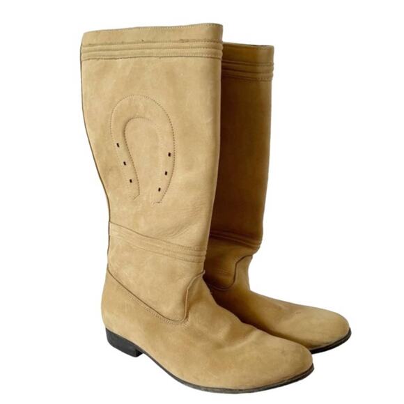 Women’s Western Horseshoe Nubuck Leather Riding Boots Tan Sz 9 Made in Mexico - Picture 2 of 13